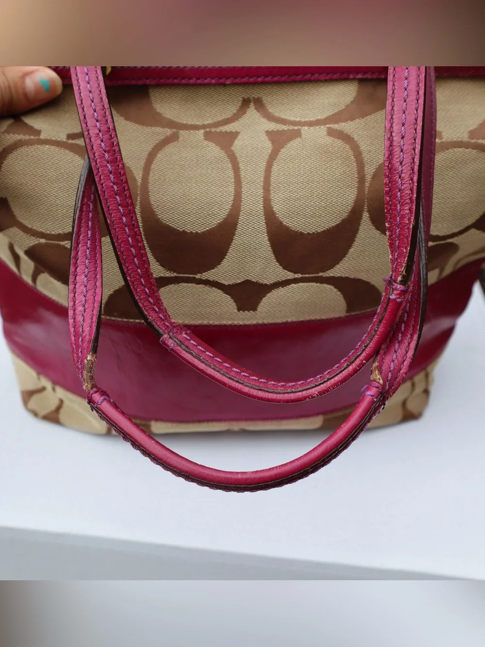 Coach Signature Berry Stripe Patent Leather Tote Shoulder Bag, Berry Red/Pinkish